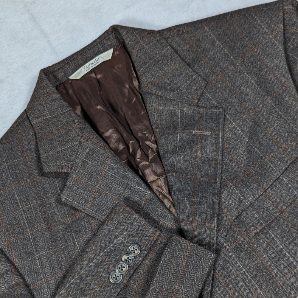 Vintage Faconnable Brown Plaid 100% Wool Blazer 42R Made in Canada Herringbone